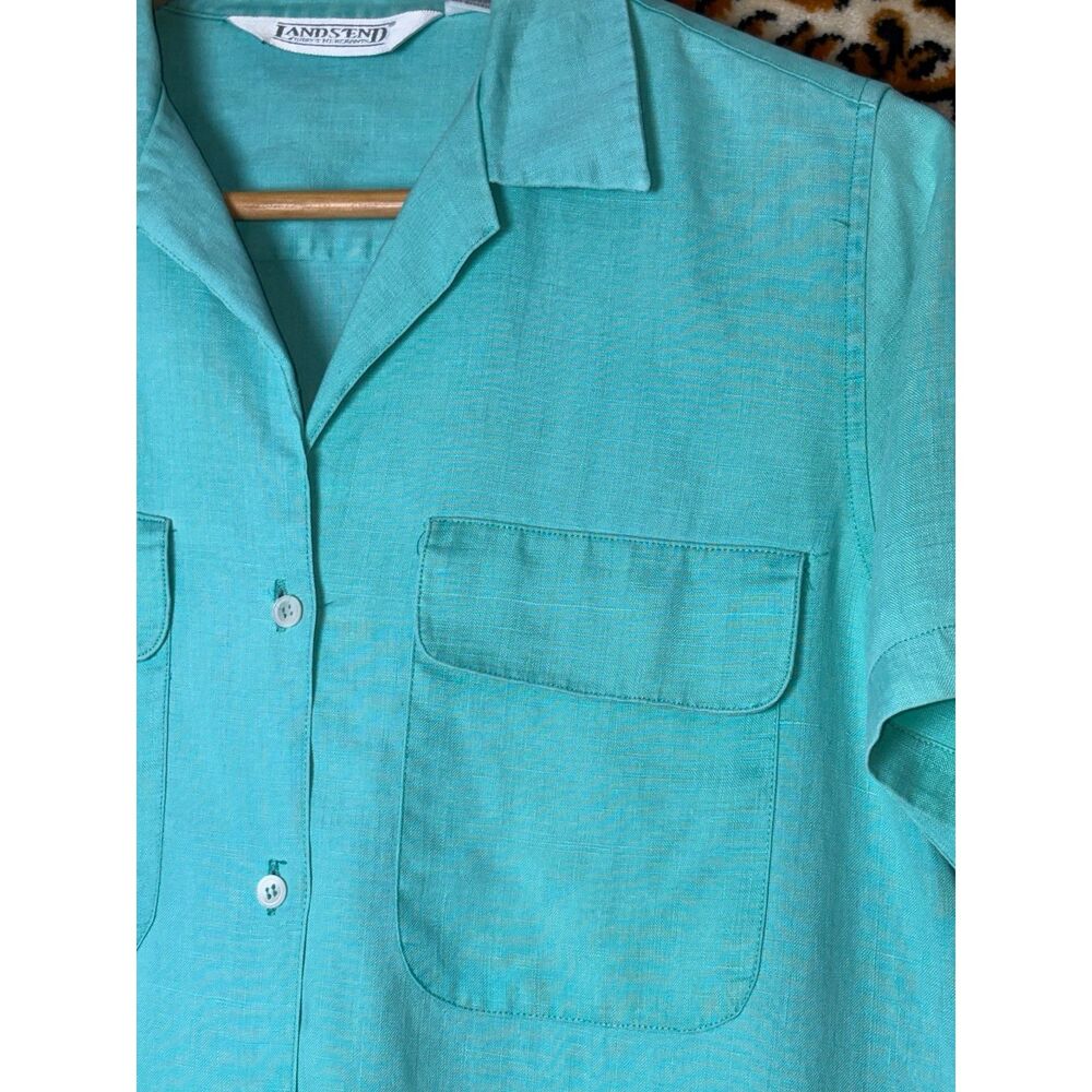 90s Vintage Lands' End Turquoise Linen Short Sleeve Shirt Women's Size 10 - Picture 4 of 7